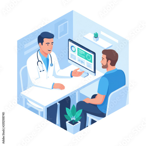 Mid-forties doctor in white coat with stethoscope explains health data to male patient in blue shirt at modern office desk, isometric telehealth communication