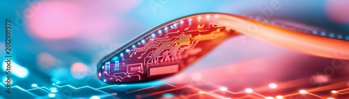 Vibrant macro of a curved, glowing circuit board, its red traces illuminating a digital network. Concept AI-driven flexible electronics and data innovation. ,Future Tech ,Connectivity