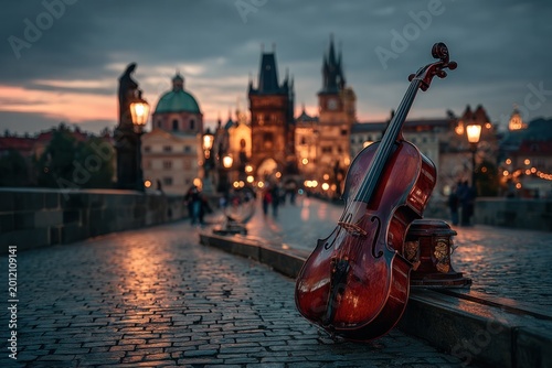 Violin on a Cobblestone Bridge at Sunset