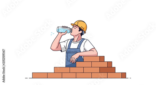 Construction Worker Drinking Water During Break While Building Brick Wall - Occupational Health and Safety Illustration