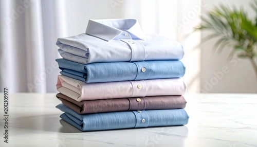Stack of neatly folded dress shirts.