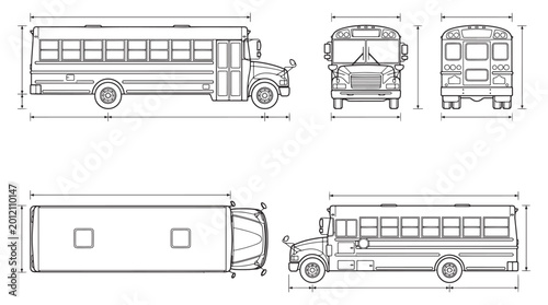School Bus Blueprint Technical Drawing With Multiple Views, Dimensions and Vehicle Outline for Transport Design