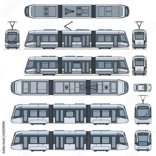 Modern Tram And Light Rail Vector Set With Top Side And Front Views For Urban Transit Design