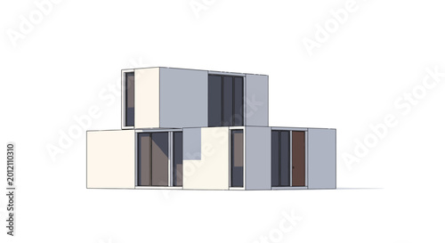 Modern Modular Container House 3D Illustration on White Background - Minimalist Prefabricated Architectural Design Rendering