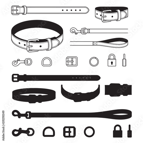 Dog Collar and Leash Vector Icons Set - Pet Accessories with Buckles, Clasps, and Hardware Hardware Elements