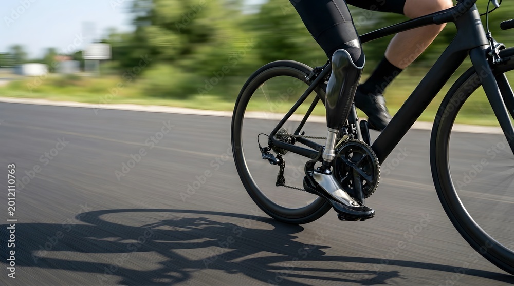 Fototapeta premium Close Up of Para Athlete with Leg Prosthesis Riding Road Bike at High Speed on Asphalt Road