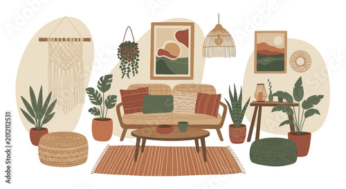 Foto Bohemian living room interior with cozy furniture and abundant houseplants
