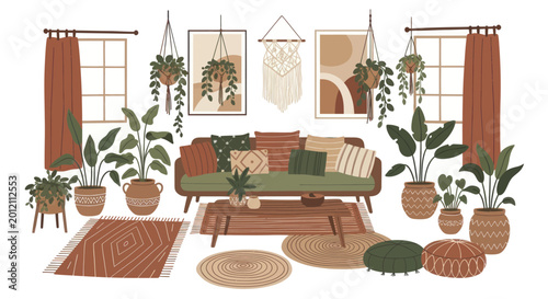 Photos Bohemian living room interior with cozy sofa and abundant houseplants
