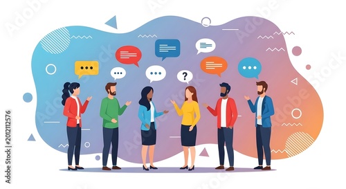 Illustration of diverse individuals engaging in a dynamic group discussion, fostering open communication, collaborative teamwork, and effective idea exchange in a vibrant social setting