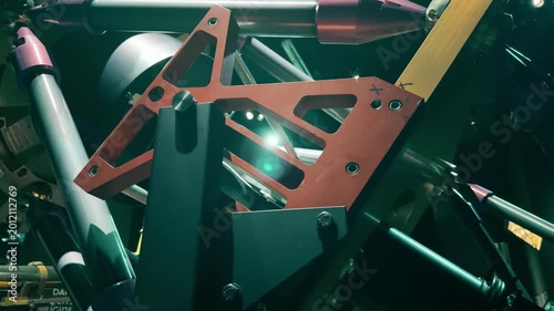 Close-up of satellite telescope structure and mechanical components, space technology detail