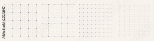 Square grid collection dot matrix cross geometry, four samples blueprint style. Dense point lattice structure, interface layouts editorial compositions planning sheets digital technology graphics