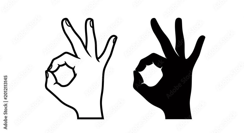 Fototapeta premium Two contrasting hand silhouettes form an OK gesture in a bold black and white graphic illustration.