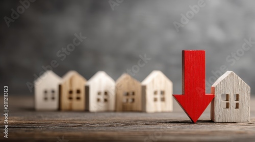Small wooden house models lined up with a prominent red downward arrow indicating falling property values or declining real estate market trends concept