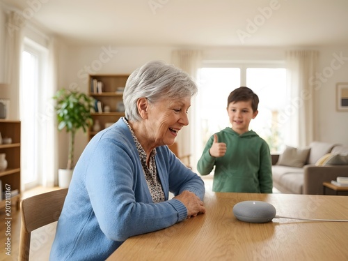 Happy senior woman and grandson using smart speaker voice assistant in modern bright living room