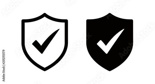 Pair of Shield Icons with Check Marks Representing Security and Verification.