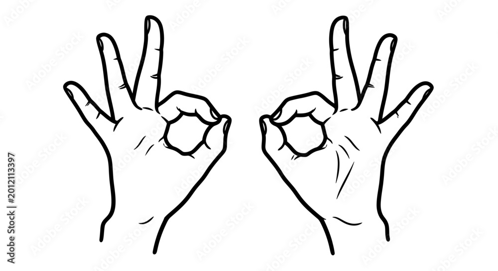 Obraz premium Two hands making the okay gesture illustrated in a sketch with line art.