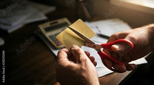 Hands using red scissors to cut gold credit card for financial freedom on wooden desk with calculator