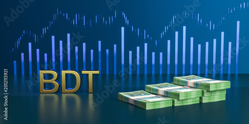 Bangladeshi taka currency stacks with BDT symbol and financial stock chart