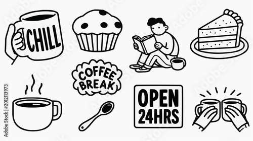 Hand drawn coffee shop and cafe doodle icons