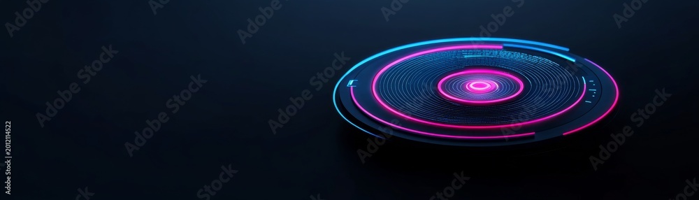 Obraz premium Asymmetrical glowing neon bluepink concentric rings on dark, emphasizing a futuristic data core or AI processing hub. Digital, Technology
