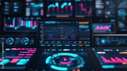 Close-up of a Futuristic Digital Console with vibrant Neon Blue and Magenta UI. Displays real-time Data Analytics via graphs and complex dashboards., Big Data, Monitoring