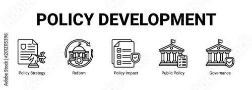 Policy Development web banner icon concept, with Policy Strategy, Reform, Policy Impact, Public.