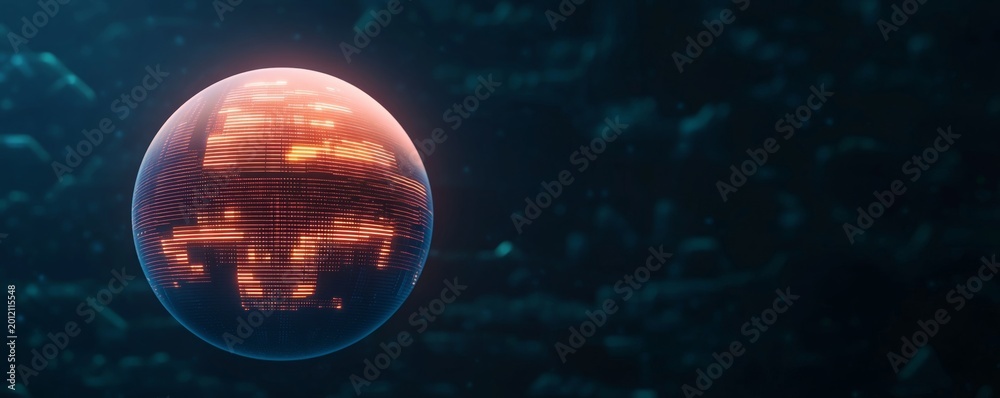 Fototapeta premium Digital Data Sphere Glowing orb displaying intricate, city-like patterns on its surface, centered in a dark, atmospheric void, symbolizing AI and future tech. Data visualization,
