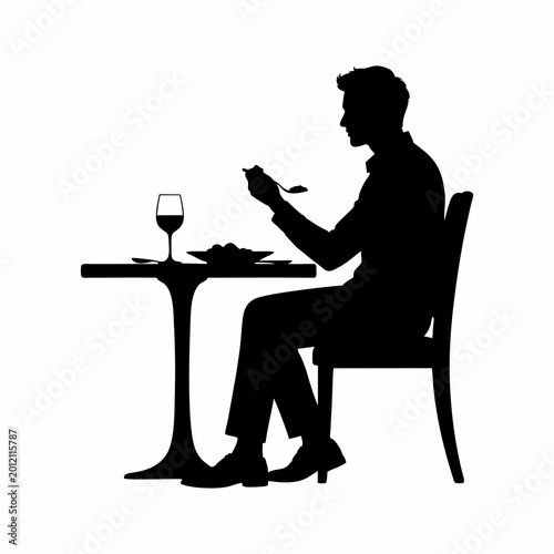 Silhouette of a Man Eating Alone at a Dining Table with Wine Glass – Minimalist Vector Illustration