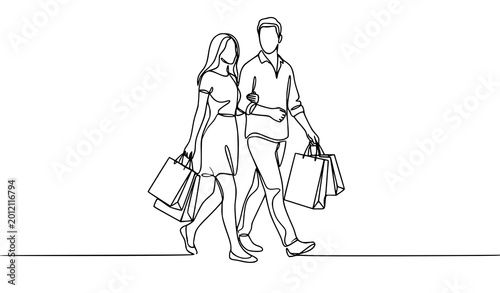Continuous line drawing of a happy couple walking with shopping bags, minimalist retail and fashion concept