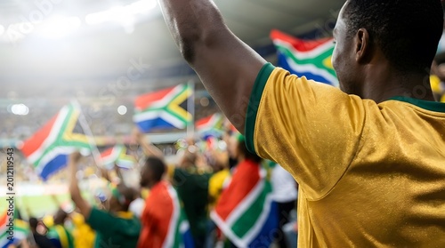 Passionate South African soccer fan cheering with raised arms in a stadium with national flags.