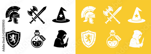 Tableau sur toile Fantasy role playing game assets icons of warriors wizards and medieval heraldry