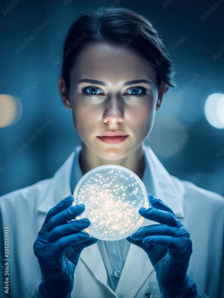 Naklejka premium Female scientist examining glowing bacterial colonies in a petri dish while wearing protective gloves and lab coat in a futuristic laboratory setting