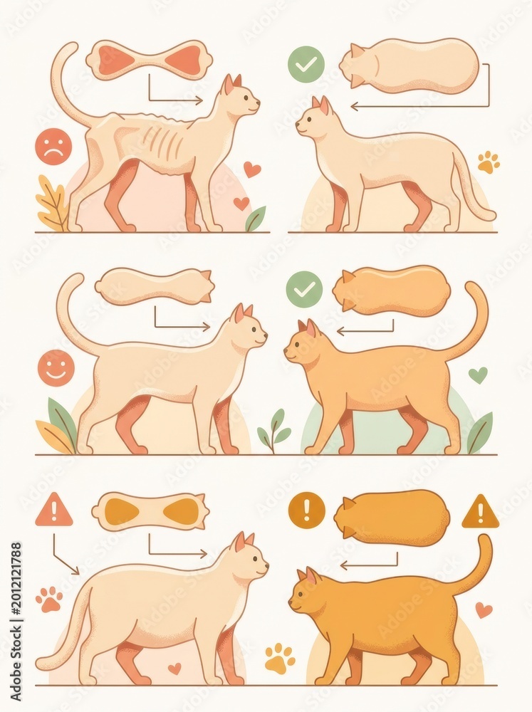 Fototapeta premium Illustration shows different body condition scores in cats with visual indicators and outlines for veterinary education on pet health.