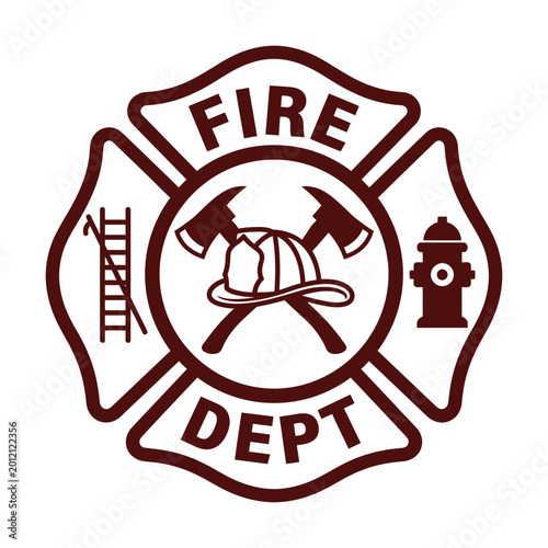 Fire dept Maltese cross badge with hydrant and ladder vector
