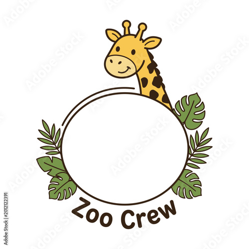 Cute giraffe zoo crew circle frame with tropical leaves vector
