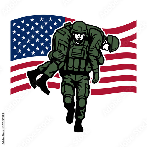 Patriotic soldier rescue with American flag vector
