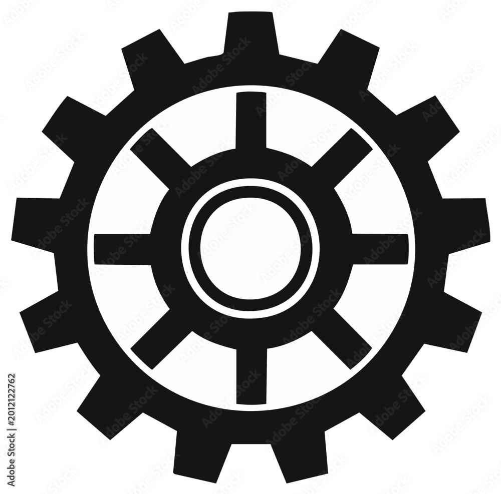 Obraz premium Black and white gear icon symbol for industry or technology concepts, simple and clear design.