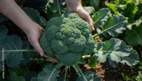 A close-up shot of a person harvesting a fresh, vibrant green head of broccoli directly from the garden soil.