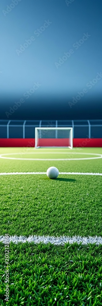 Fototapeta premium Artificial green grass hockey field with white lines and ball, leisure, athletic