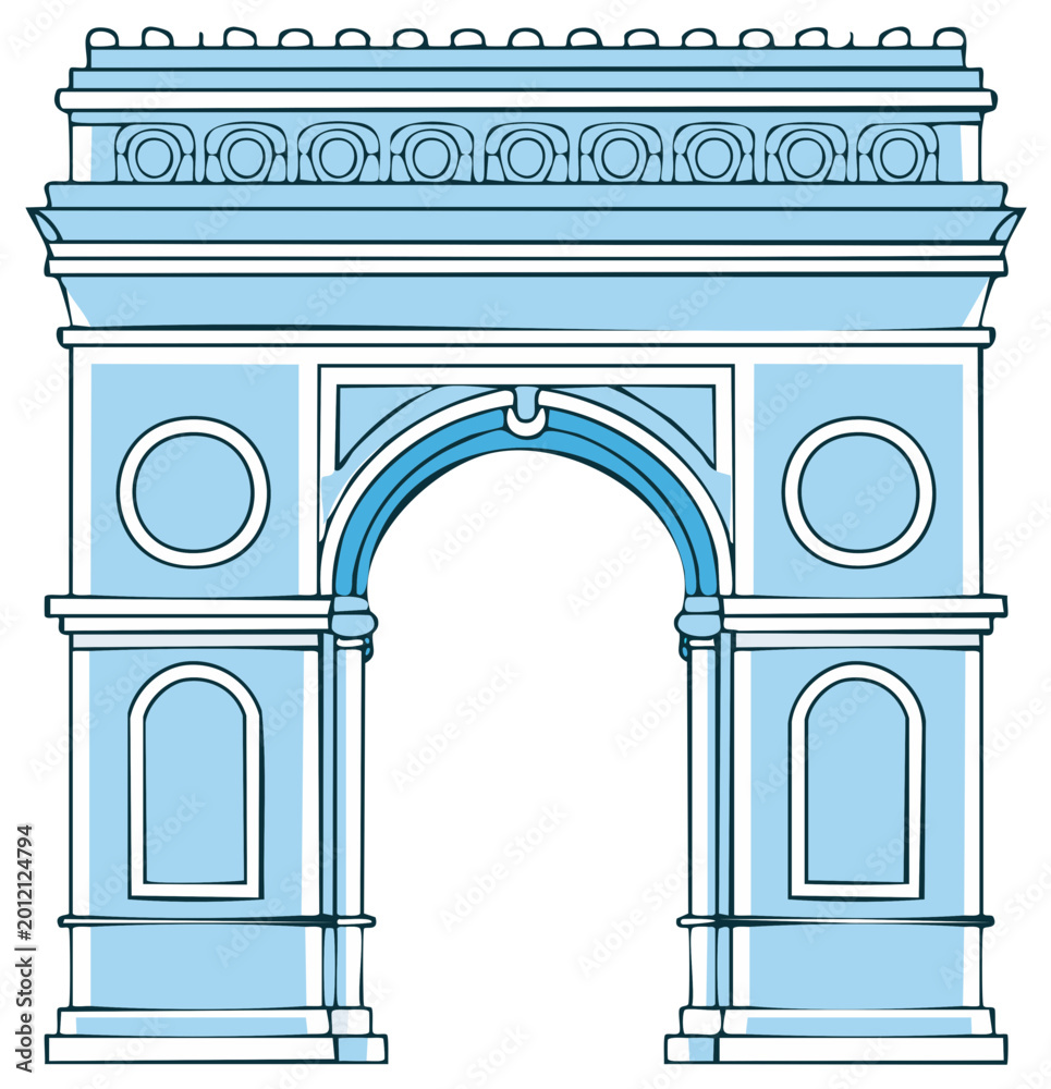 Fototapeta premium Illustrated Arc de Triomphe, iconic architectural monument, blue, outline drawing.