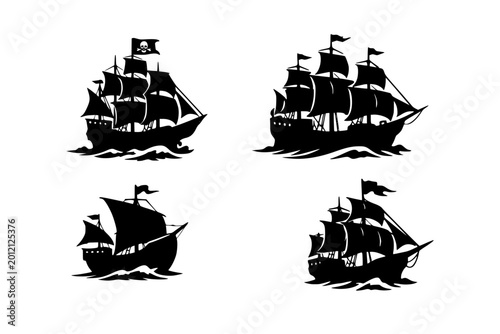 Obraz na plátne Silhouette Fleet: a squadron of classic sailing ships with black silhouette, each one embodies the mystique of seafaring adventures