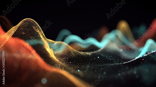 Dynamic flowing waves of colorful particles creating a digital landscape with smooth curves on a dark background for futuristic technology concepts