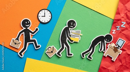 Paper-cut stick figures track a descent from joyful morning energy to slumped, exhausted burnout. The bright, playful colors contrast sharply with the heavy, draining corporate fatigue