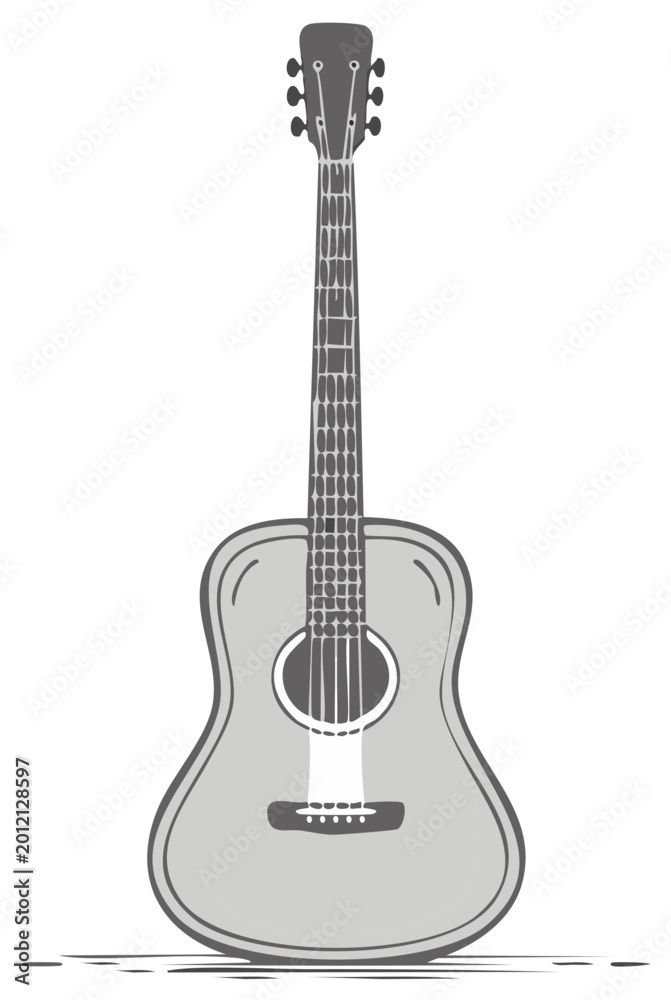 Naklejka premium Acoustic guitar with six strings and tuning pegs depicted in a simple graphic illustration