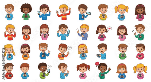 Фотография Cartoon children various expressions emotions.