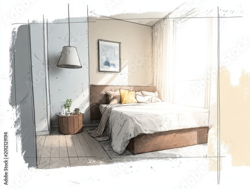 Bright and cozy minimalist bedroom with wooden bed frame, neutral bedding, soft pillows, and natural light streaming through large window draped with curtains