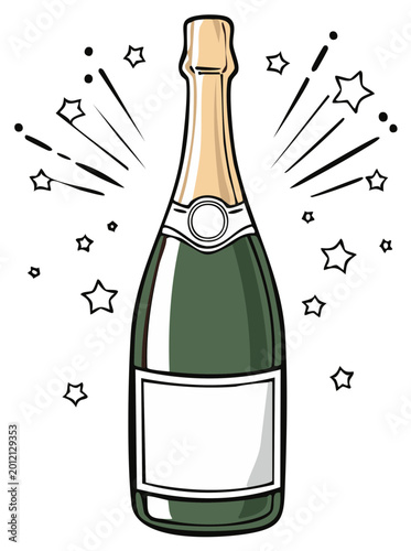 Cartoon champagne bottle with celebratory stars and bursting effect vector illustration