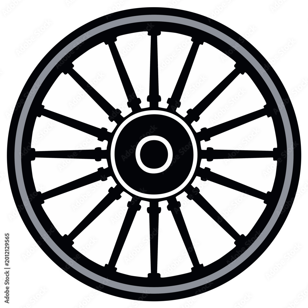 Obraz premium Classic Spoked Wheel in Black and White with a Single Outline