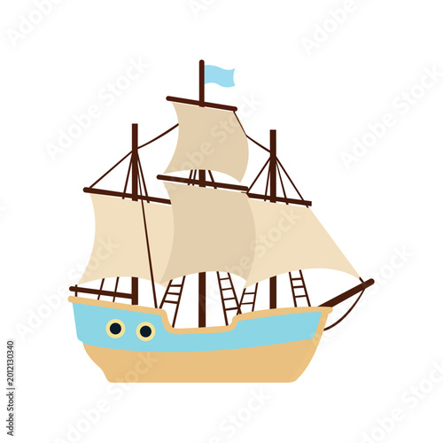 Cute Scandinavian nautical sailing ship illustration for nursery decor featuring playful marine boat vector artwork with minimalist childish design perfect for kids rooms and branding