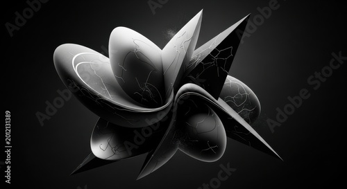 a black and white abstract sculpture with smooth curved surfaces and sharp points on a dark backgrou